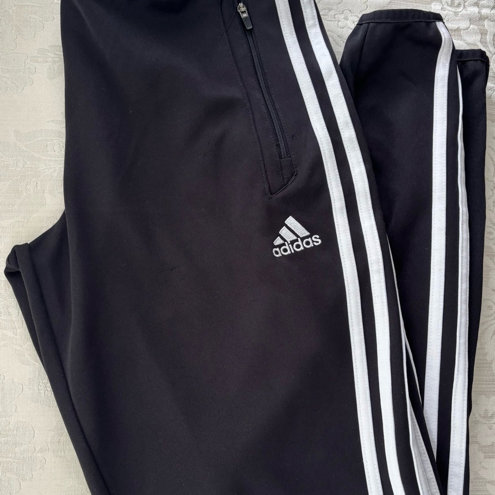 Adidas Black and White Track Pants with Iconic Stripes